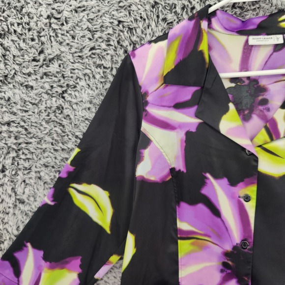 Susan Graver Women Floral Art to Wear Button Down Top M Black Purple 3/4 Sleeve - Picture 12 of 16